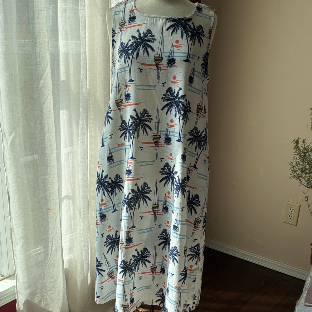 Tropical Palm Print Sleeveless Midi Dress